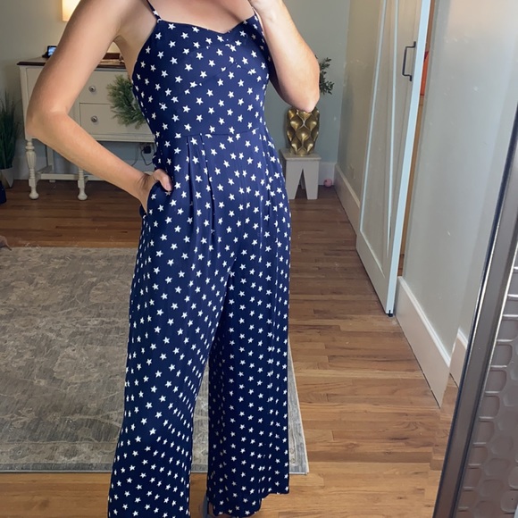 NWT J.Crew navy blue with star print design jumpsuit and tie back w adjust strap